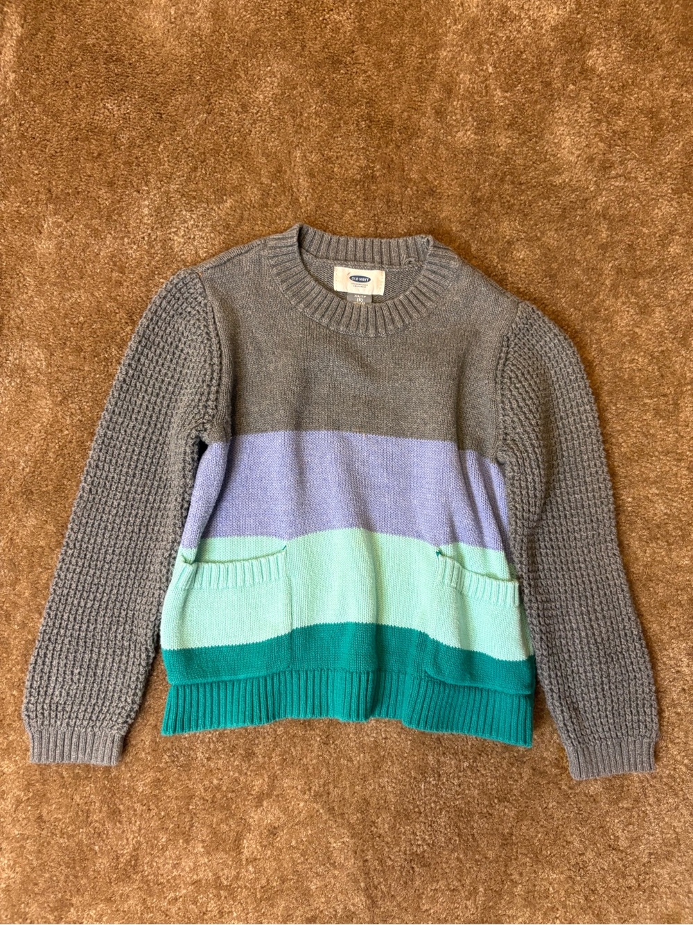 Old Navy Gray Sweater with Lavender, Mint, and Teal Stripes
